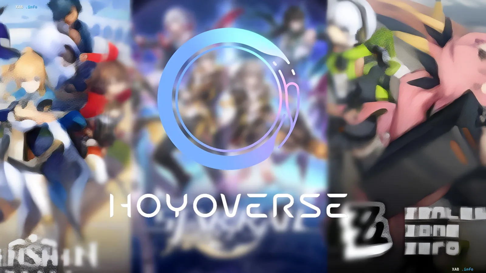 Логотип HoyoVerse на фоне размытых персонажей игр HoYoverse, иллюстрирующий иск отца против игровой компании из-за зависимости сына