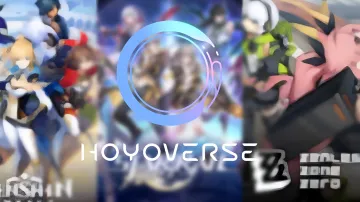 Логотип HoyoVerse на фоне размытых персонажей игр HoYoverse, иллюстрирующий иск отца против игровой компании из-за зависимости сына