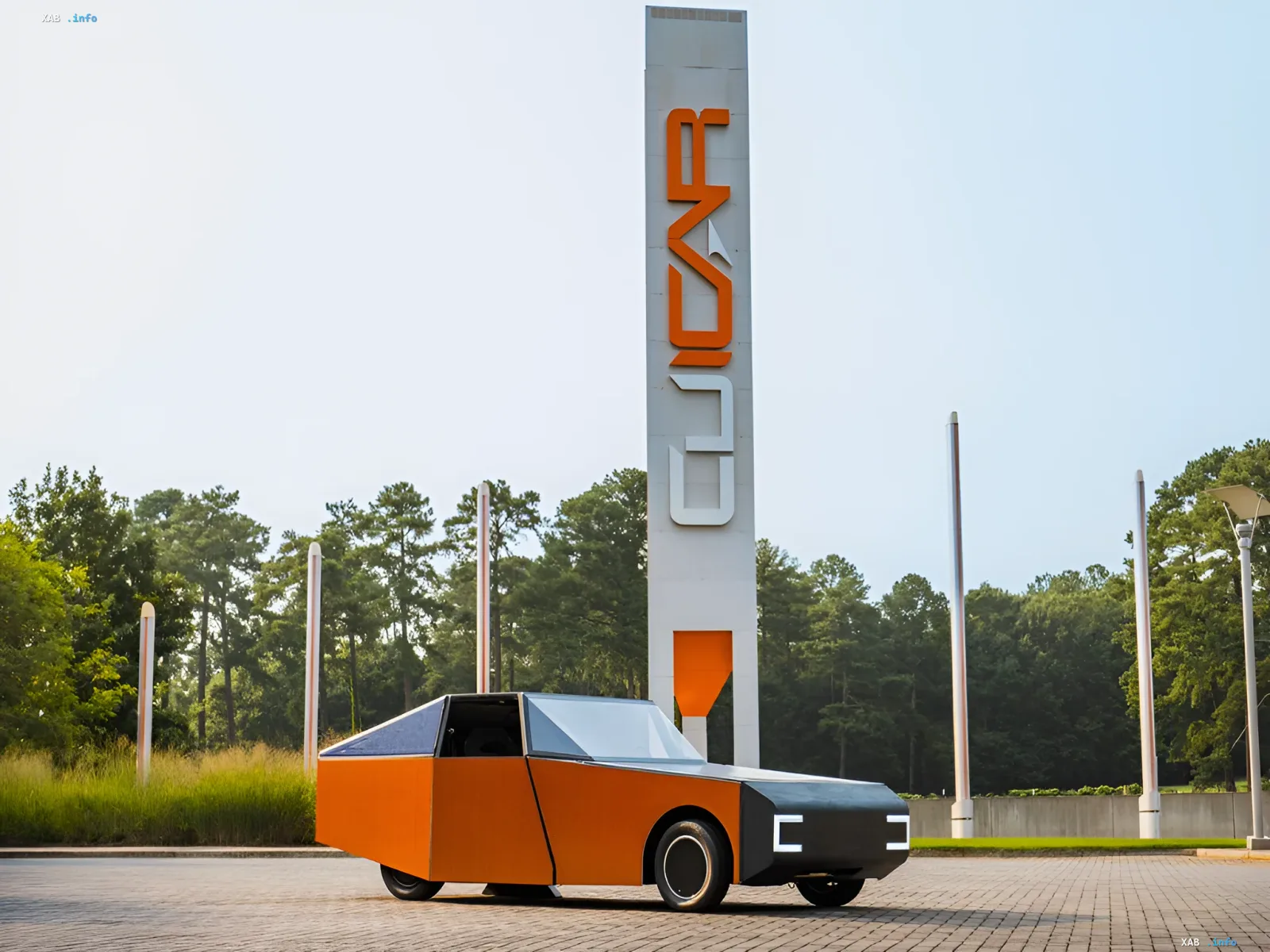 BMW Luminetta Konzeptfahrzeug mit Solarmodulen auf dem Dach und einem orange-schwarzen Karosserie, das neben einem Denkmal mit der Aufschrift 'BMW' steht und die Selbstladetechnologie demonstriert
