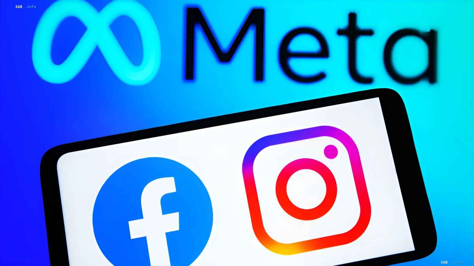 Meta, Facebook, and Instagram logos on a blue gradient background — visual representation of the record $942M fine for violating teen rights