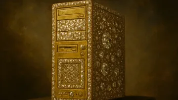 Goldener PC mit Edelsteinen symbolisiert den 'Goldstandard' von 32 GB RAM, den Microsoft stillschweigend abgeschafft hat