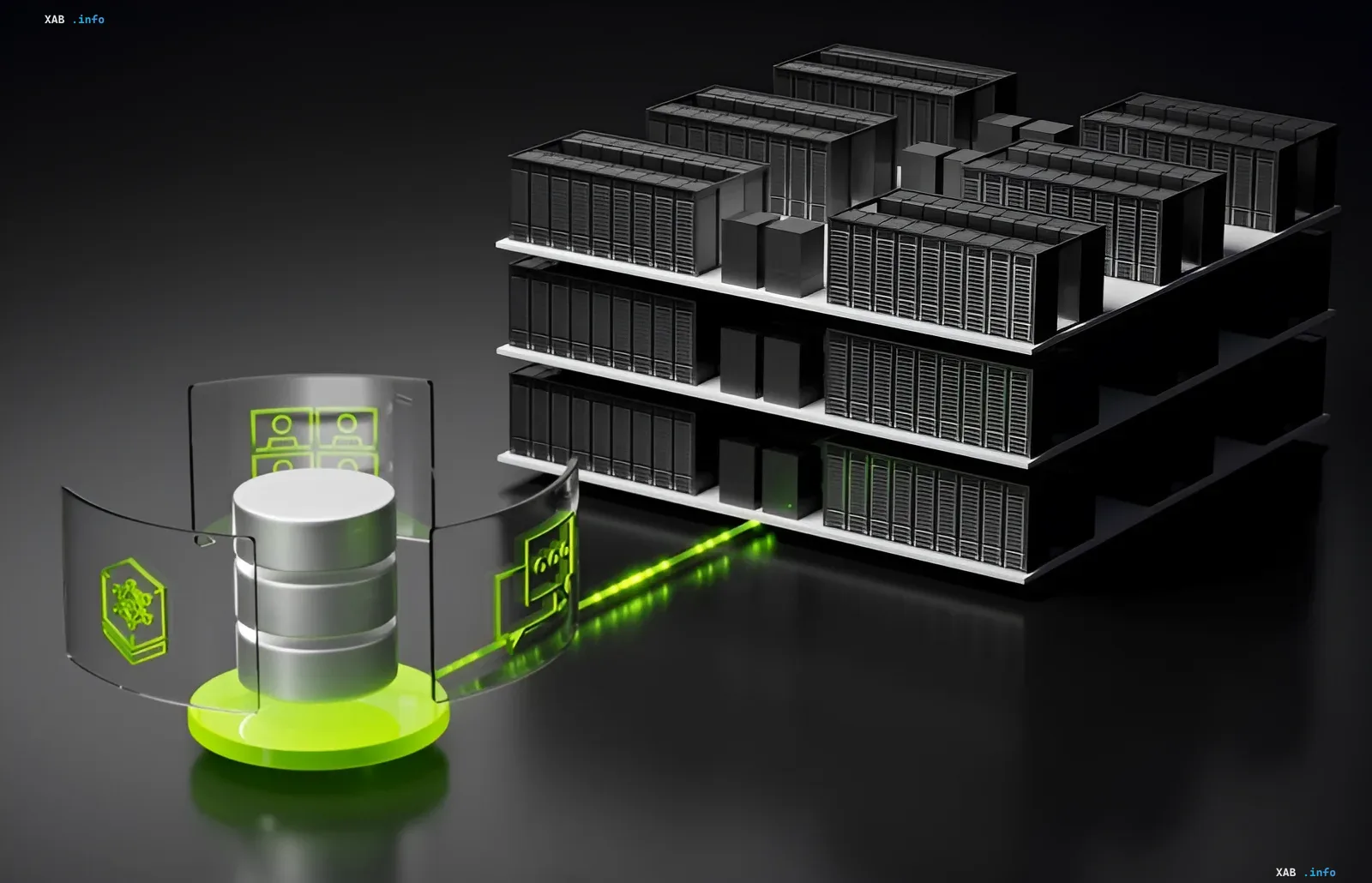 Schematische Darstellung einer Serverinfrastruktur mit angeschlossenem Datenbank, die die Optimierung der Datenspeicherung für KI mittels der cuFile-Technologie von Nvidia symbolisiert