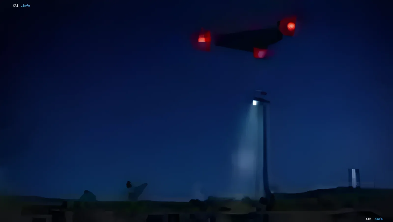 Triangular flying object with red lights over a night landscape, illustration for the article about Pentagon's declassified archives on UFOs in Oman and Afghanistan