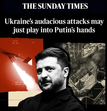 Заголовок The Sunday Times: «Смелые атаки Украины могут сыграть на руку Путину» — с изображением Зеленского, дрона и разрушений