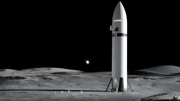 Starship-Rakete auf der Mondoberfläche mit Astronauten und Ausrüstung, die die Pläne von SpaceX für die Mondindustrie veranschaulichen