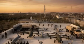 Militärische Drohnen und LKW auf dem Dach eines Gebäudes in Washington mit Blick auf das Washington Monument, die das Konzept eines 'Drohnenhafens' über dem Weißen Haus illustrieren