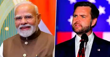 Премьер-министр Индии Нарендра Моди и вице-президент США Дж.Д. Вэнс на фоне флагов своих стран, символизирующие укрепление американо-индийского стратегического партнерства после телефонного разговора