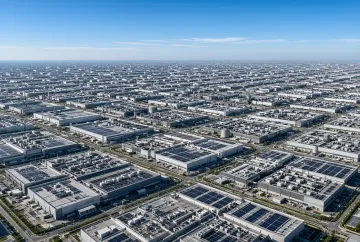 Luftaufnahme eines riesigen Industriekomplexes mit Solarpanelen, die den Energieverbrauch von KI-Rechenzentren in Virginia symbolisieren