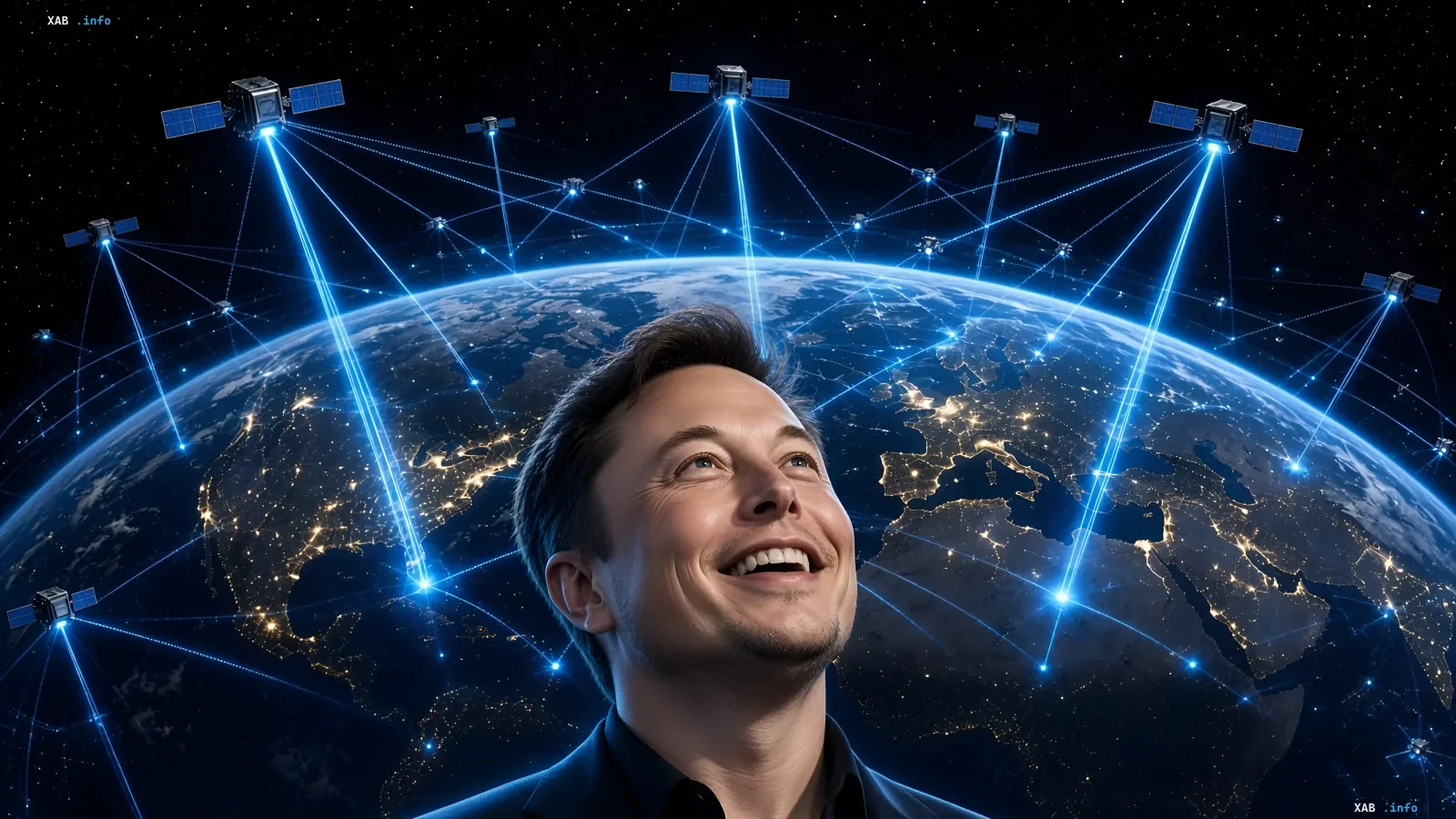 Илон Маск смотрит на Землю, окруженную спутниками Starlink, символизируя глобальное доминирование системы в IP-трафике к 2030 году