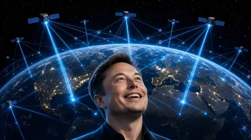 Ілон Маск дивиться на Землю, оточену супутниками Starlink, що символізує глобальне домінування системи в IP-трафіку до 2030 року