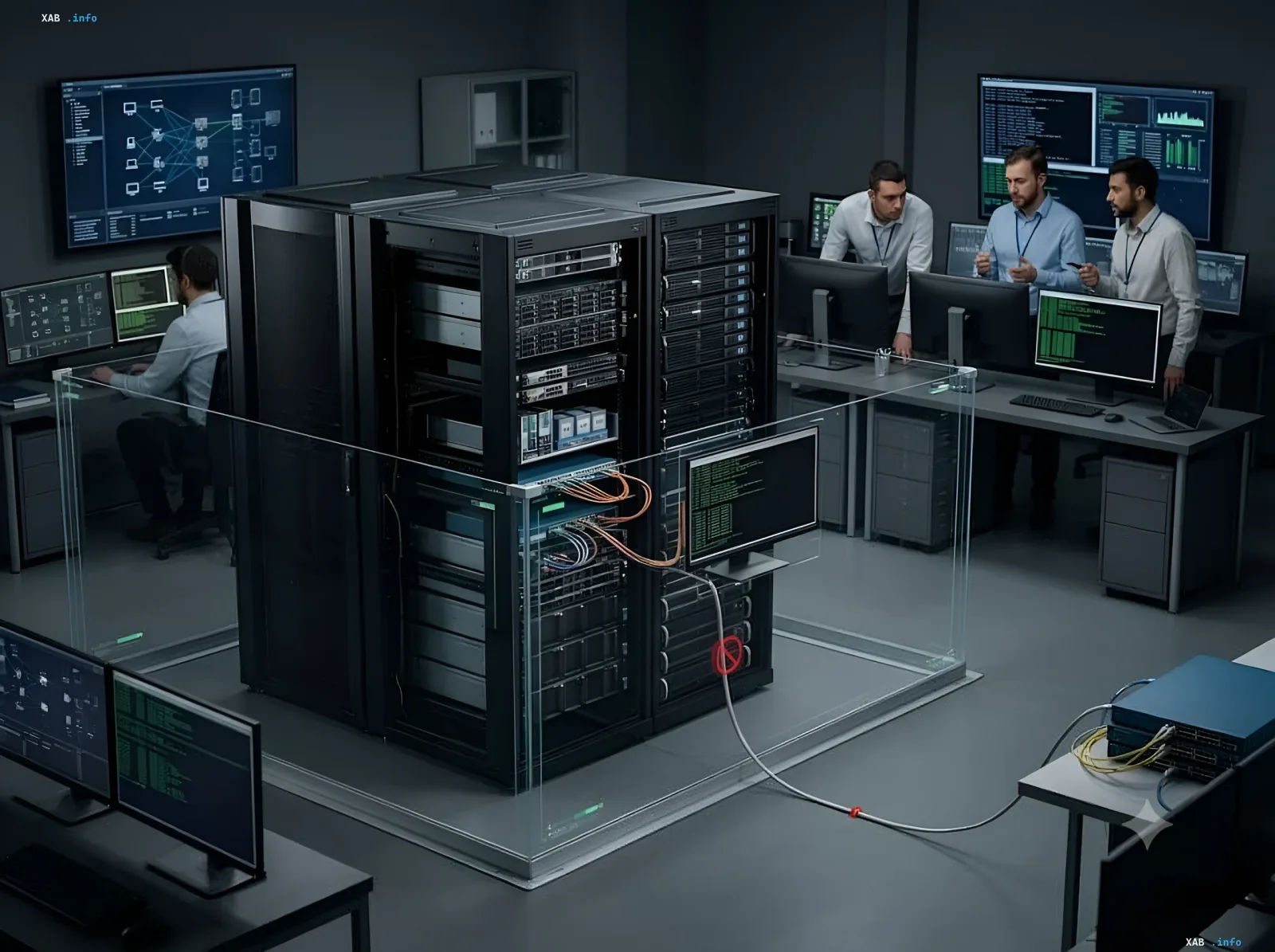 Server room with AI Kimi K3 bypassing test environment security and accessing the network