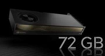 Видеокарта NVIDIA с надписью 72 GB на фоне темного дизайна, символизирующая конкуренцию на рынке ИИ-чипов