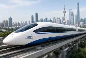 Высокоскоростной китайский магнитный поезд Shanghai Maglev на фоне небоскребов Шанхая, демонстрирующий технологический прорыв в транспорте