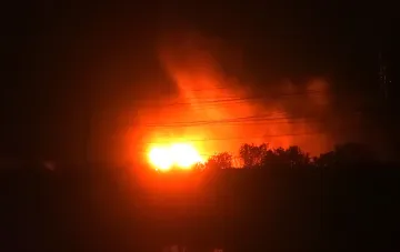 Bright explosion against the night sky in Zaporizhzhia or Sumy — aftermath of drone strike on energy infrastructure on August 10, 2026