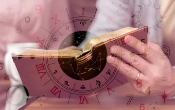 Astrological forecast for August 2026: total solar eclipse and eclipse corridor, depicted through an open book with zodiac wheel