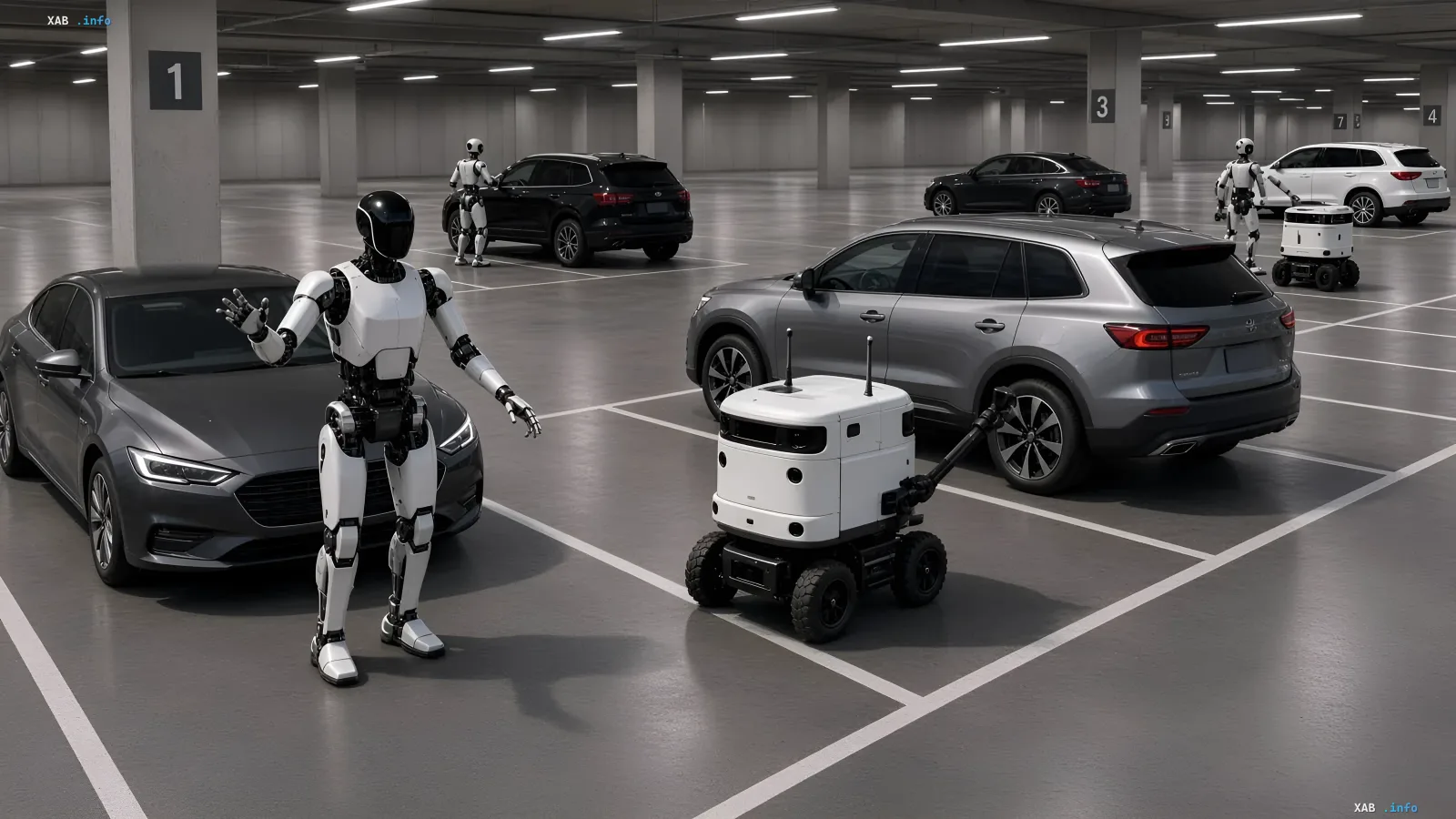 Hyundai-Parkroboter in Seoul: Autonome Roboter verwalten Autos auf einem Parkplatz und zeigen die Zukunft intelligenter Garagen.