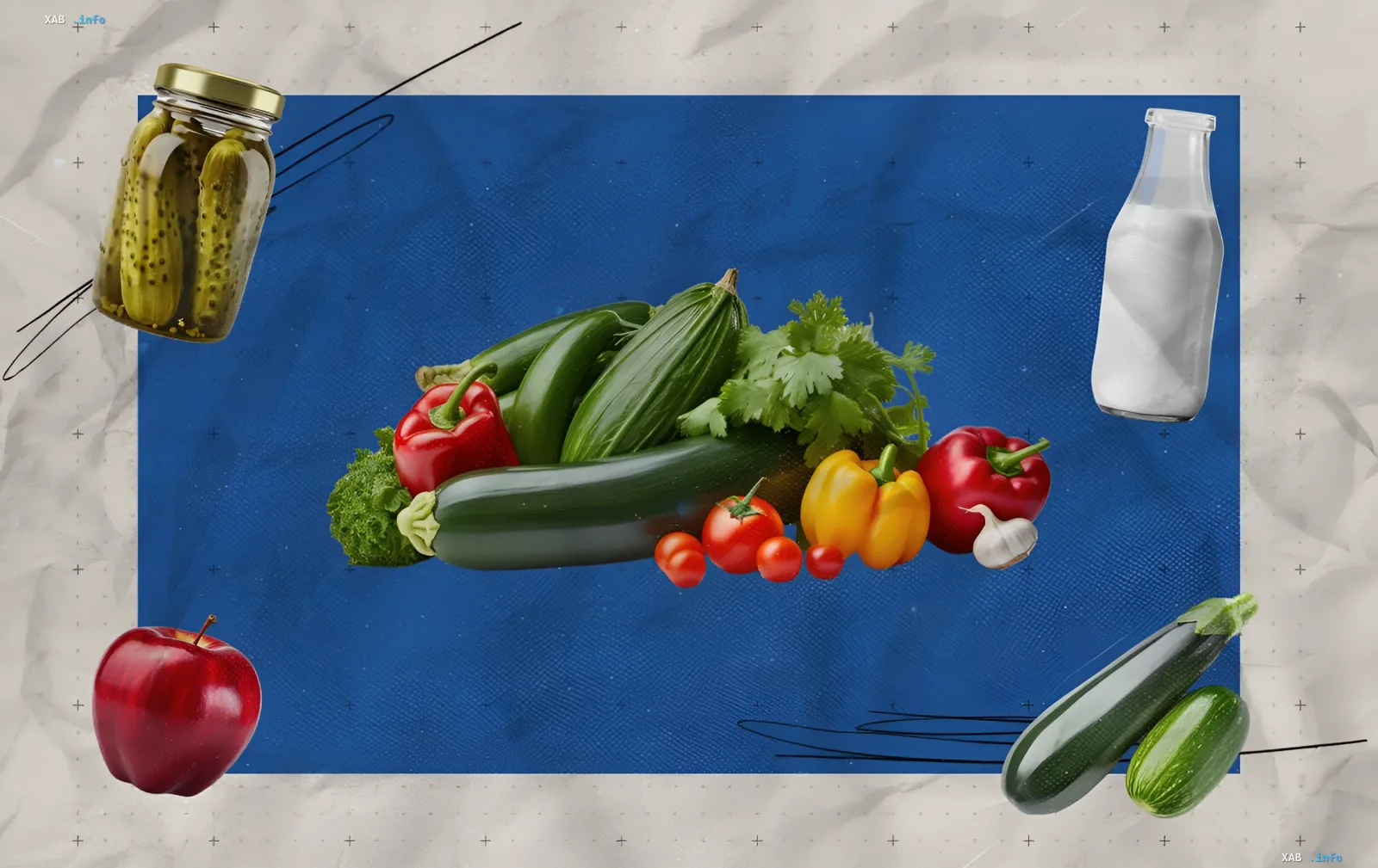 Коллаж из свежих овощей, фруктов, молока и консервированных огурцов на синем фоне, иллюстрирующий изменение цен на продукты в украинских супермаркетах к августу 2026 года.