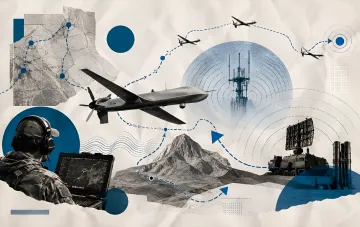 Schematic illustration of deep strike strategy: operator controls UAV attacking industrial facilities and infrastructure, including radars and factories, in the context of Ukraine's 2026 military campaign.
