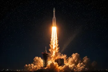 Запуск ракеты-носителя Ariane 6 на фоне звездного неба, символизирующий космические амбиции Европы и риск дефицита ракет к 2030 году