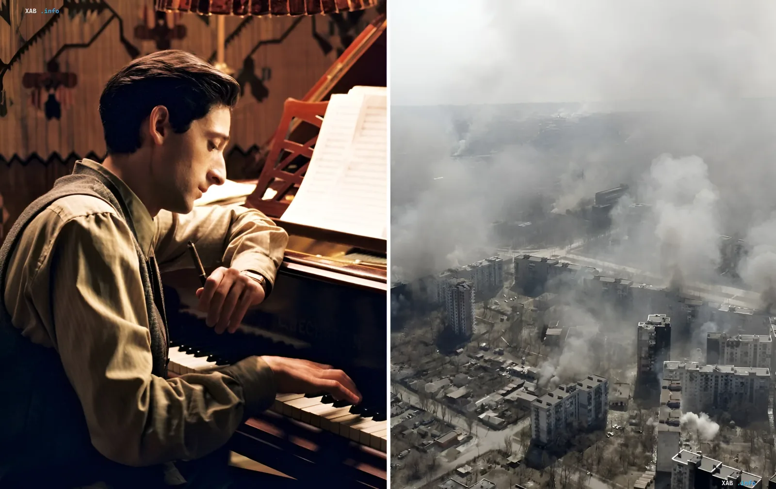 Kontrast zwischen friedlichem Leben und Krieg: Musiker am Klavier und zerstörte Stadt im Rauch