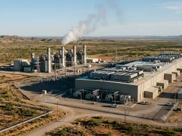 Вид с воздуха на газоперекачивающую станцию в пустыне Техаса, из труб которой идет дым, иллюстрирующий экологический след дата-центра Amazon для ИИ.