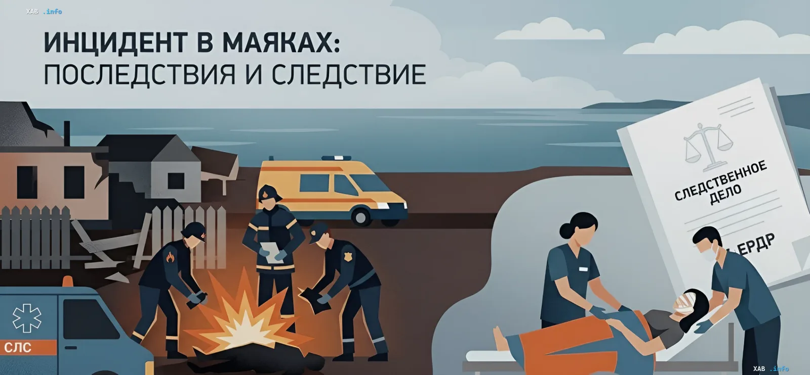 Illustration of the incident in Mayaky: firefighters extinguishing fire, medics assisting the injured, investigative file and emergency vehicles nearby