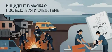 Illustration of the incident in Mayaky: firefighters extinguishing fire, medics assisting the injured, investigative file and emergency vehicles nearby