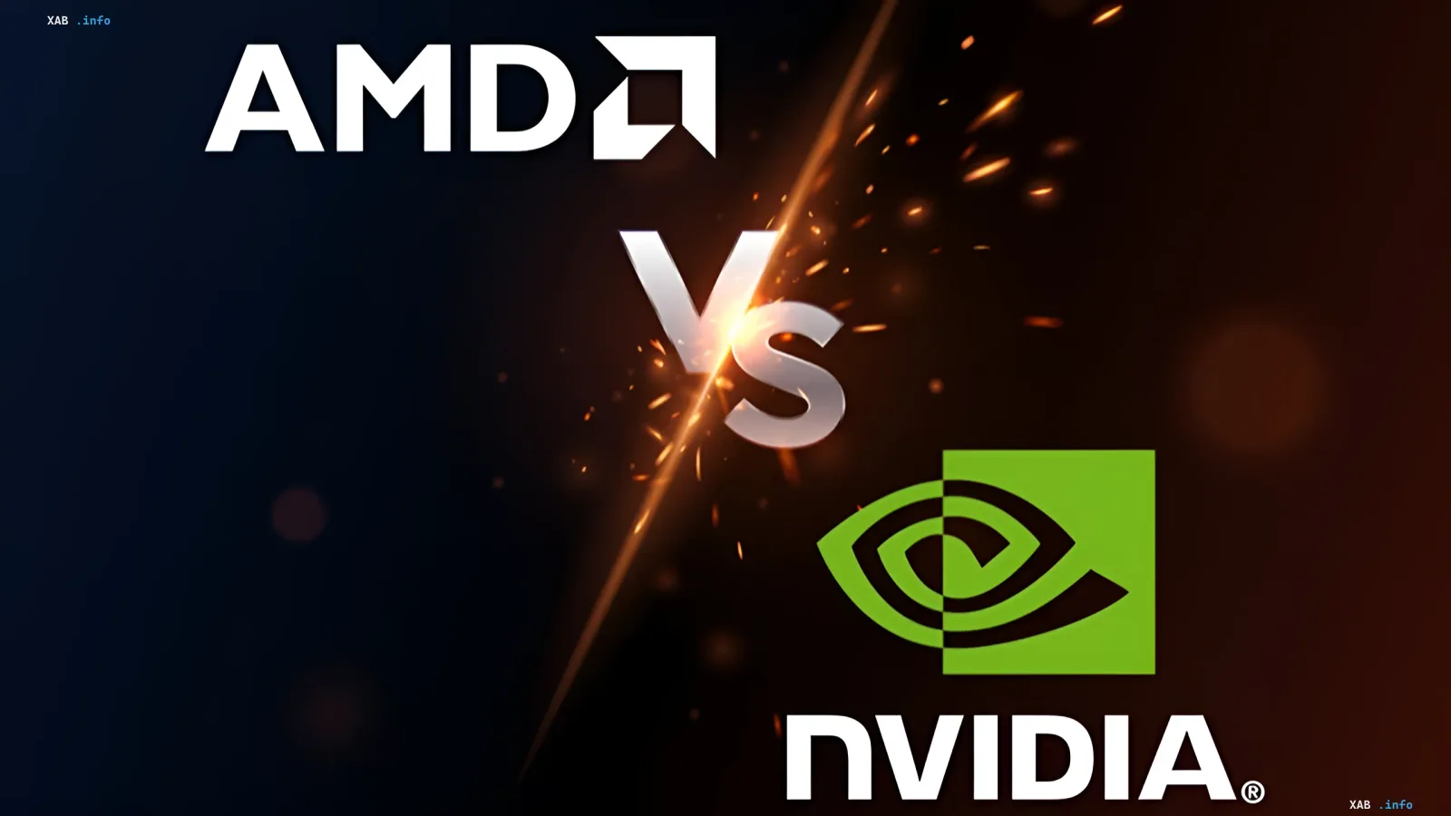 Логотипы AMD и NVIDIA с символом противостояния, символизирующие конкуренцию на рынке графических процессоров