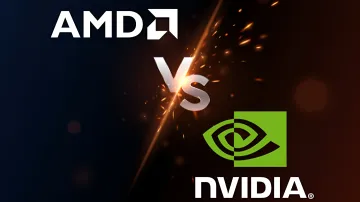 Логотипы AMD и NVIDIA с символом противостояния, символизирующие конкуренцию на рынке графических процессоров