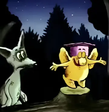 Cartoon-Figur und Fuchs im nächtlichen Wald — Metapher für Chaos nach Atomkollaps durch Quallenbiomasse am AKW Gravelines 2026