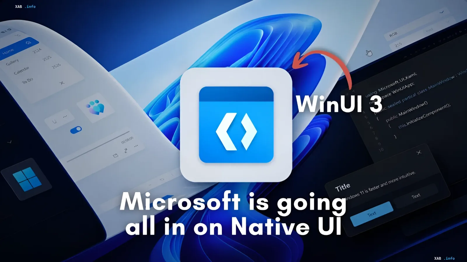 Логотип WinUI 3 на фоне интерфейса Windows 11 с текстом о переходе Microsoft на нативный UI