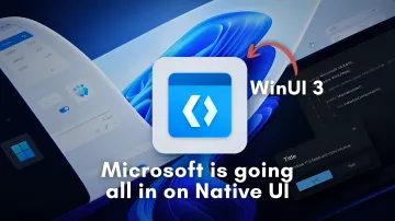 Логотип WinUI 3 на фоне интерфейса Windows 11 с текстом о переходе Microsoft на нативный UI