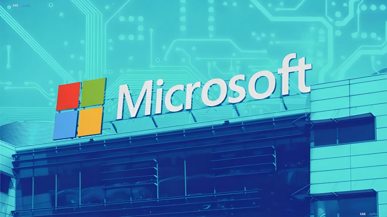 Логотип Microsoft на здании офиса на фоне схемы микросхемы, символизирующий подорожание Windows и дефицит комплектующих для ПК