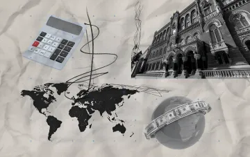 Collage with calculator, world map, US dollar and bank building — illustration of dollar rate growth and its impact on auto lending in Ukraine