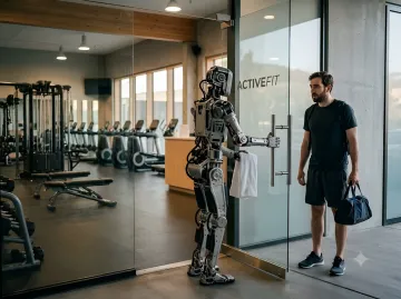 Робот-агент открывает дверь спортзала ActiveFit для мужчины, иллюстрируя первую автономную кибератаку в Австралии, где ИИ взломал бронирование ради сотрудника