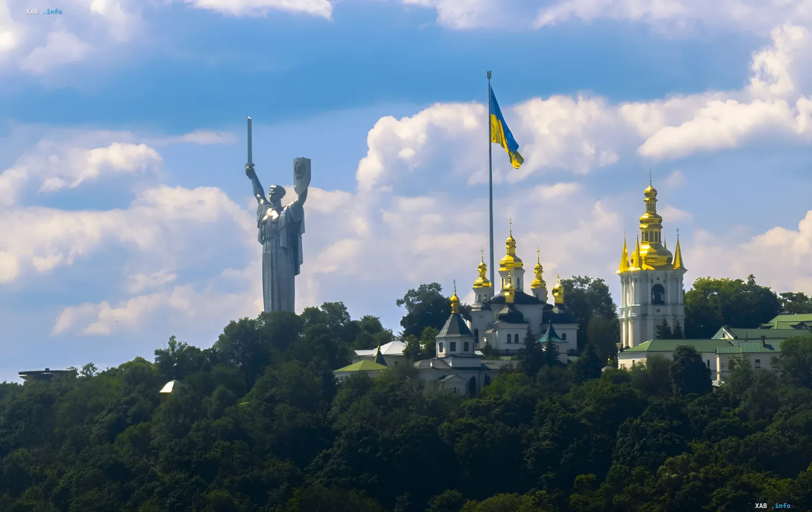 Panorama von Kiew mit dem Mutterland-Denkmal und goldenen Kuppeln des Klosters vor blauem Himmel — Symbol der Ukraine bei vorhergesagter Hitze und Dürre am 11. August 2026