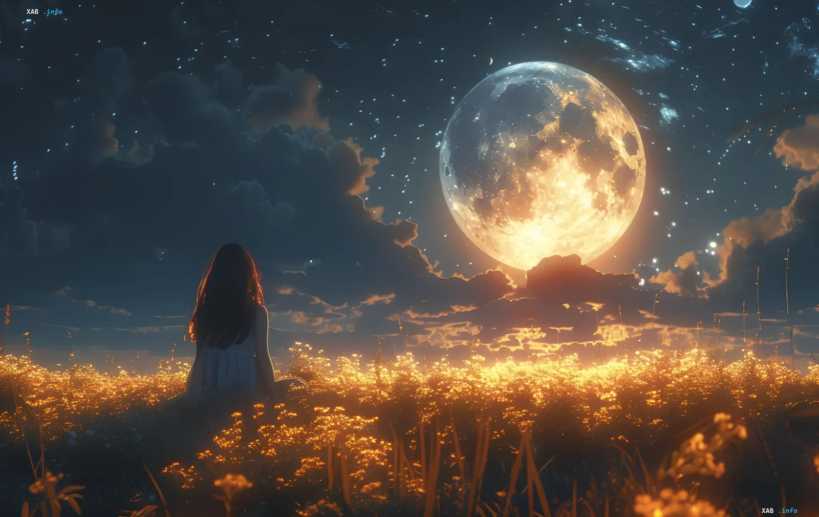 A girl gazes at a giant glowing celestial body in the night sky over a field of golden flowers, symbolizing the mystical atmosphere of the total solar eclipse on August 12, 2026, and astrological forecasts for zodiac signs