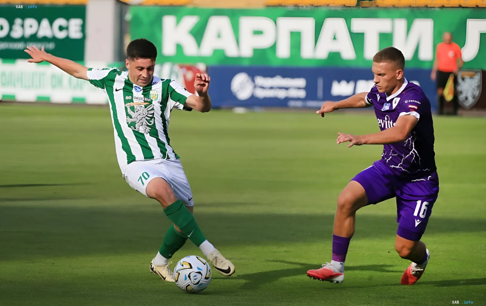 Karpaty player in green-and-white kit battles for the ball against opponent in purple during UPL match — illustration for article on Round 2 surprises