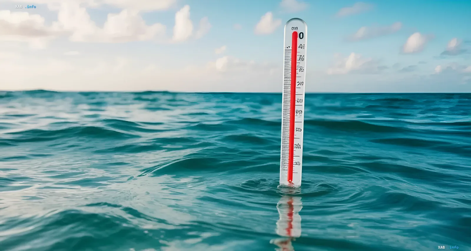 Thermometer im Ozean zeigt Rekordwassertemperatur im Juli 2026 — Symbol des kritischen Klimawendepunkts