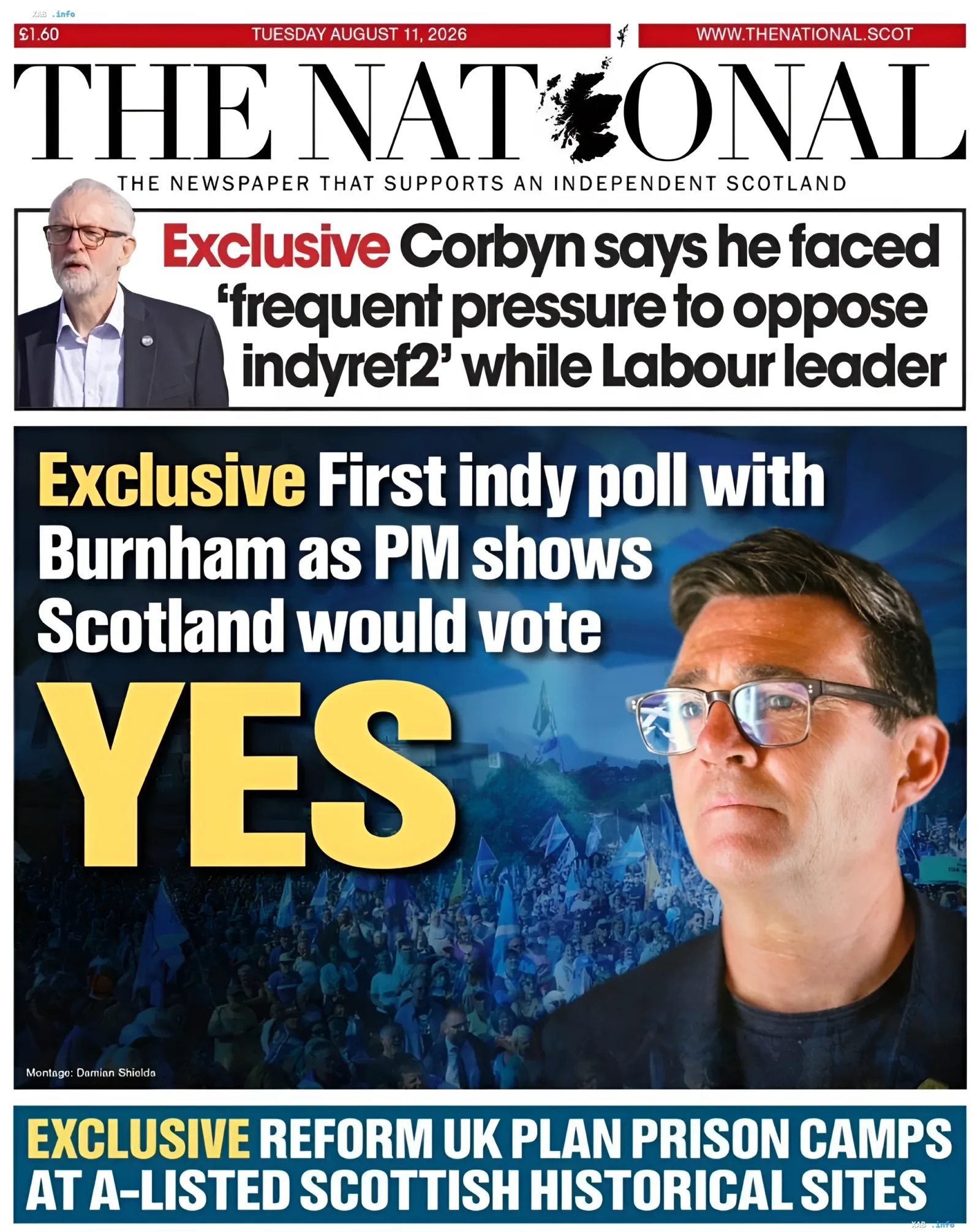 The National newspaper front page dated August 11, 2026, featuring a headline about Scotland voting for independence under PM Burnham and a photo of Richard Burnham.