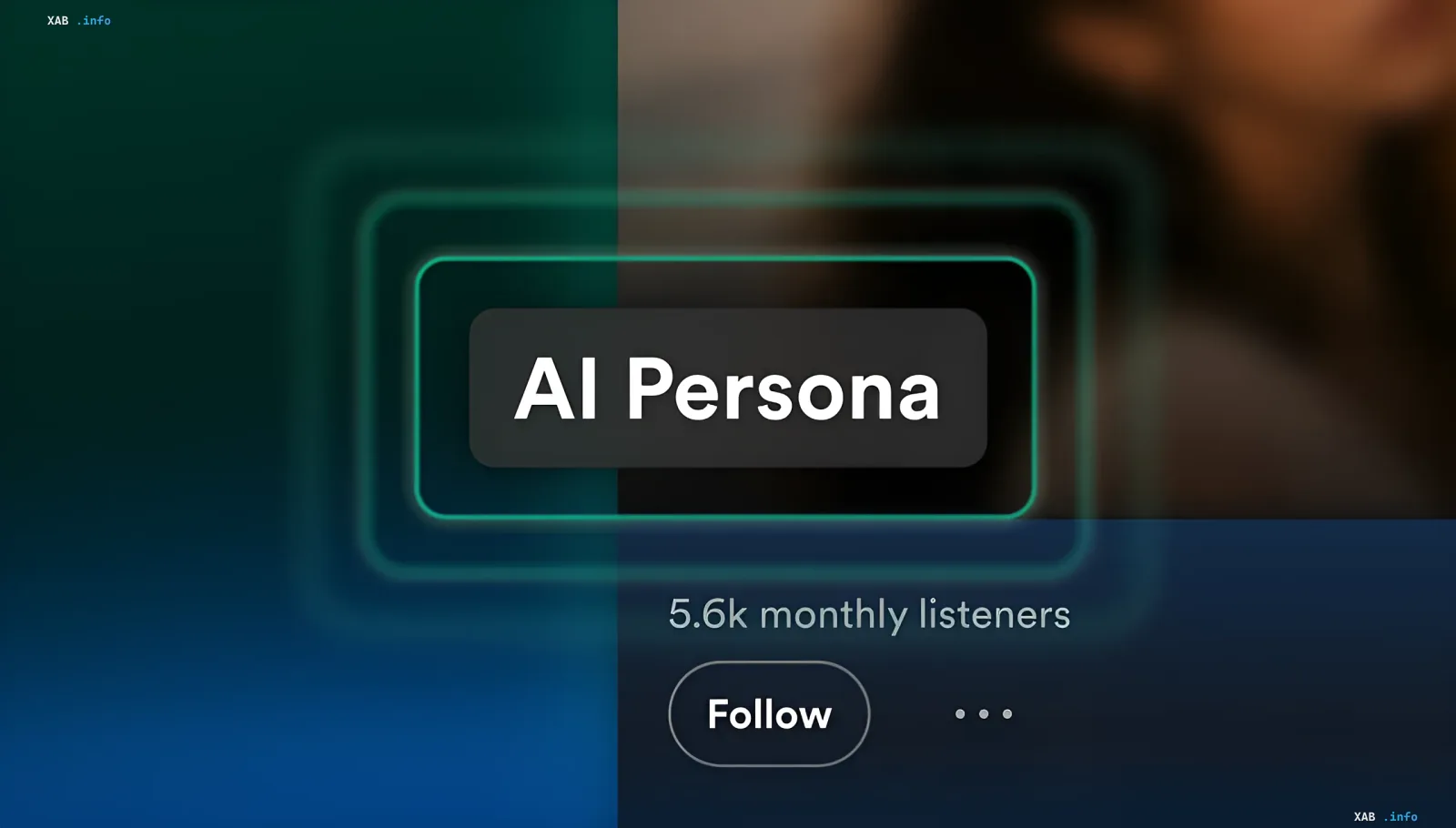 Spotify interface showing 'AI Persona' label for an artificial artist, displaying 5.6k monthly listeners and a 'Follow' button