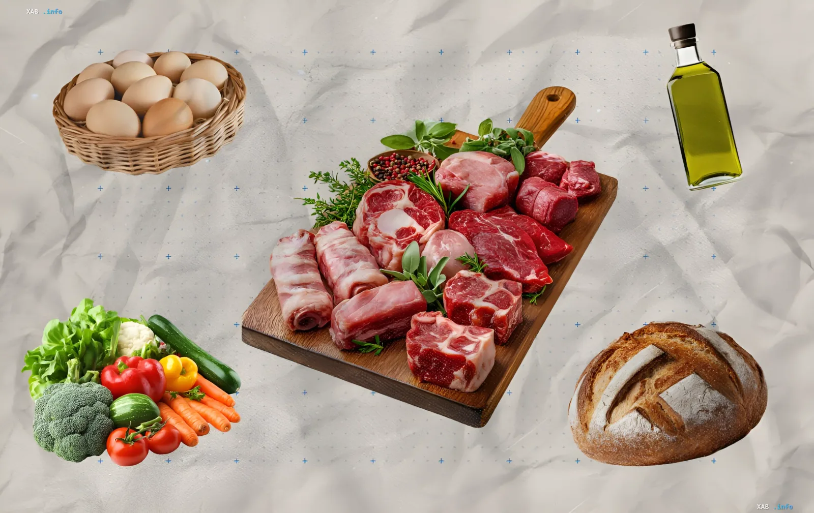 Eierkorb, frisches Fleisch, Gemüse, Olivenöl und Brot auf weißem Hintergrund — Illustration zur Nachricht über Lebensmittelpreise in der Ukraine am 11. August