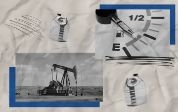 Коллаж с нефтяной вышкой, канистрой топлива и указателем уровня бензина, иллюстрирующий рост цен на топливо в Украине в августе 2026 года