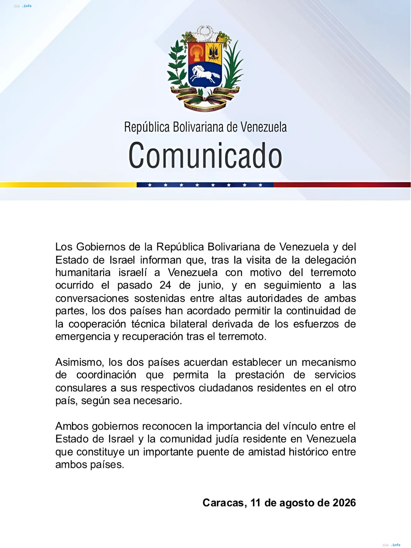 Offizielles Dokument Venezuelas vom 11. August 2026 zur Wiederaufnahme der konsularischen Zusammenarbeit mit Israel nach dem Erdbeben