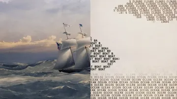 Metaphorical image of a ship in the open sea with overlaid text watermarks, illustrating the implementation of invisible markers in Claude models by Anthropic