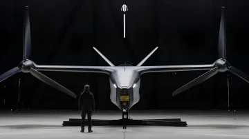 Концептуальный рендер футуристического eVTOL самолета Archer Aviation в ангаре, символизирующий поглощение активов Boeing Wisk Aero и SkyGrid