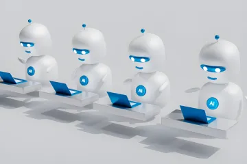 Roboter mit AI-Logos arbeiten an Laptops und symbolisieren die Dominanz des maschinellen Datenverkehrs im Internet