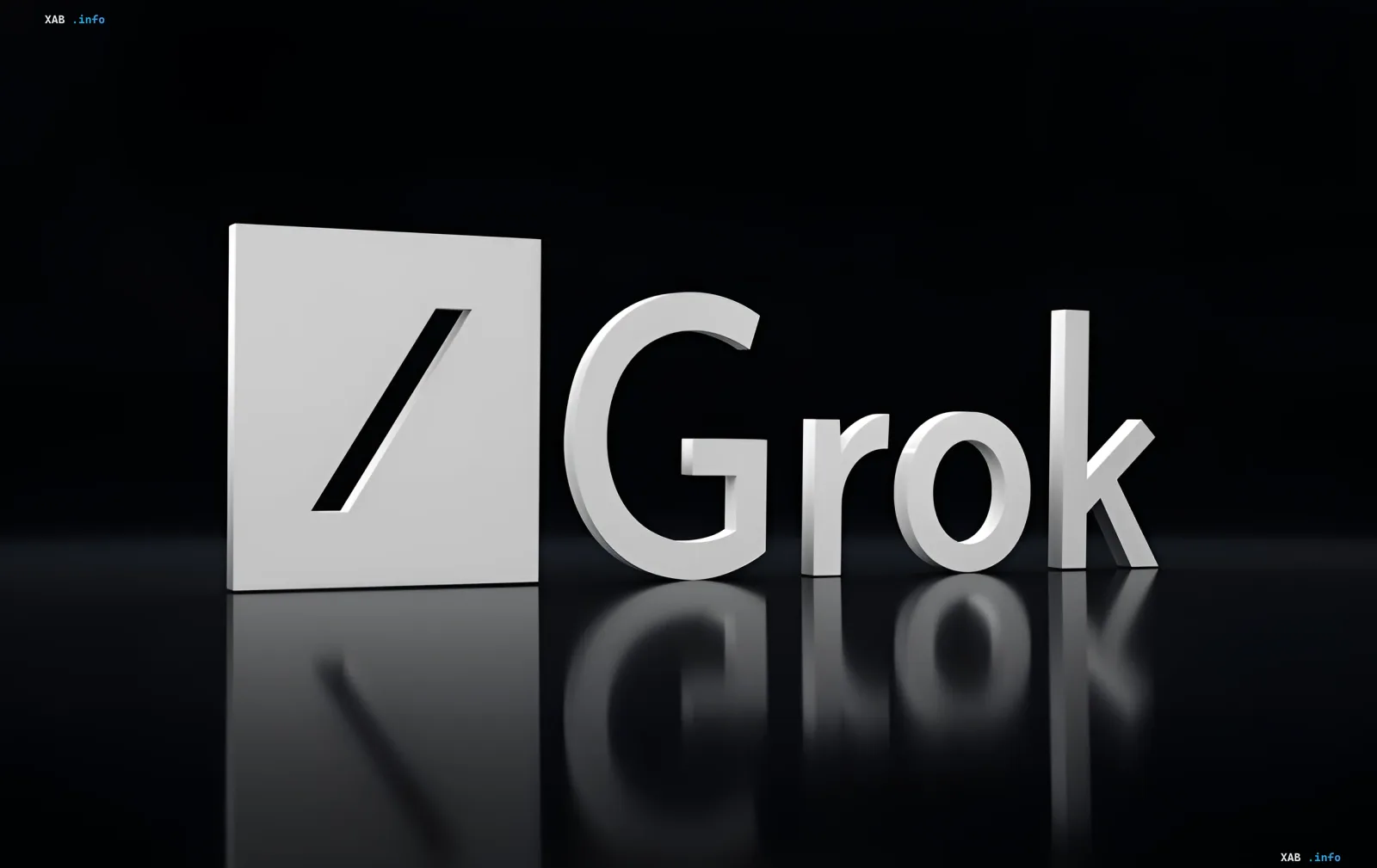 3D-логотип Grok от xAI на черном фоне с отражением, символизирующий запуск автономного цифрового сотрудника