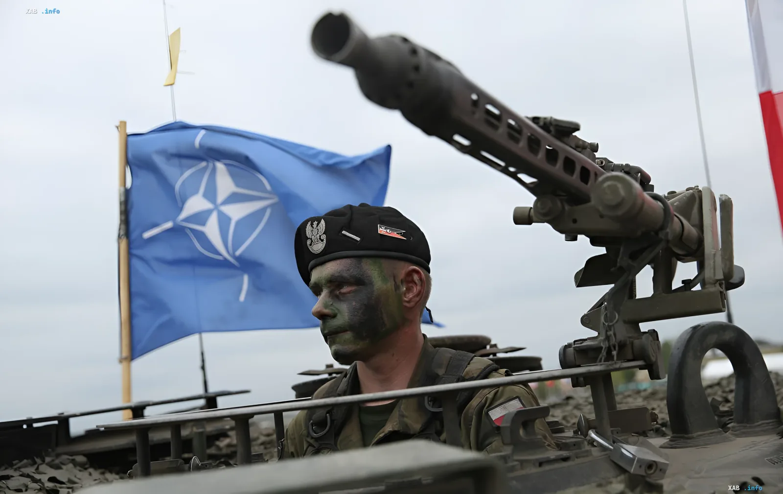 Полевой зенитный комплекс НАТО с польским военнослужащим на фоне флага альянса — усиление ПВО на восточном фланге в ответ на провокации РФ