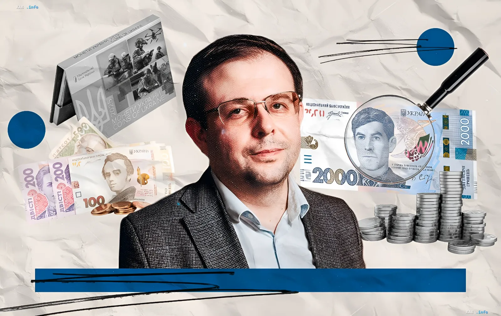 Новая банкнота 2000 гривен с портретом Василя Стуса, увеличенная лупой, на фоне других украинских денег и монет, символизирующих коллекционный рынок.